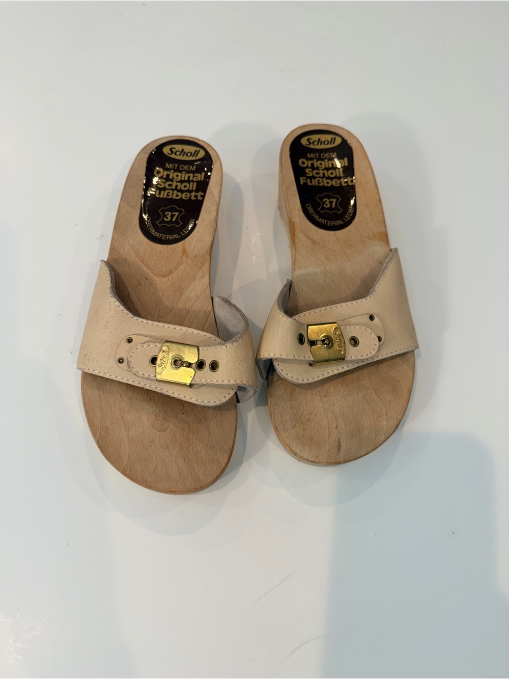 Dr. Scholl's Beige Leather Slide Mules with Gold Buckles